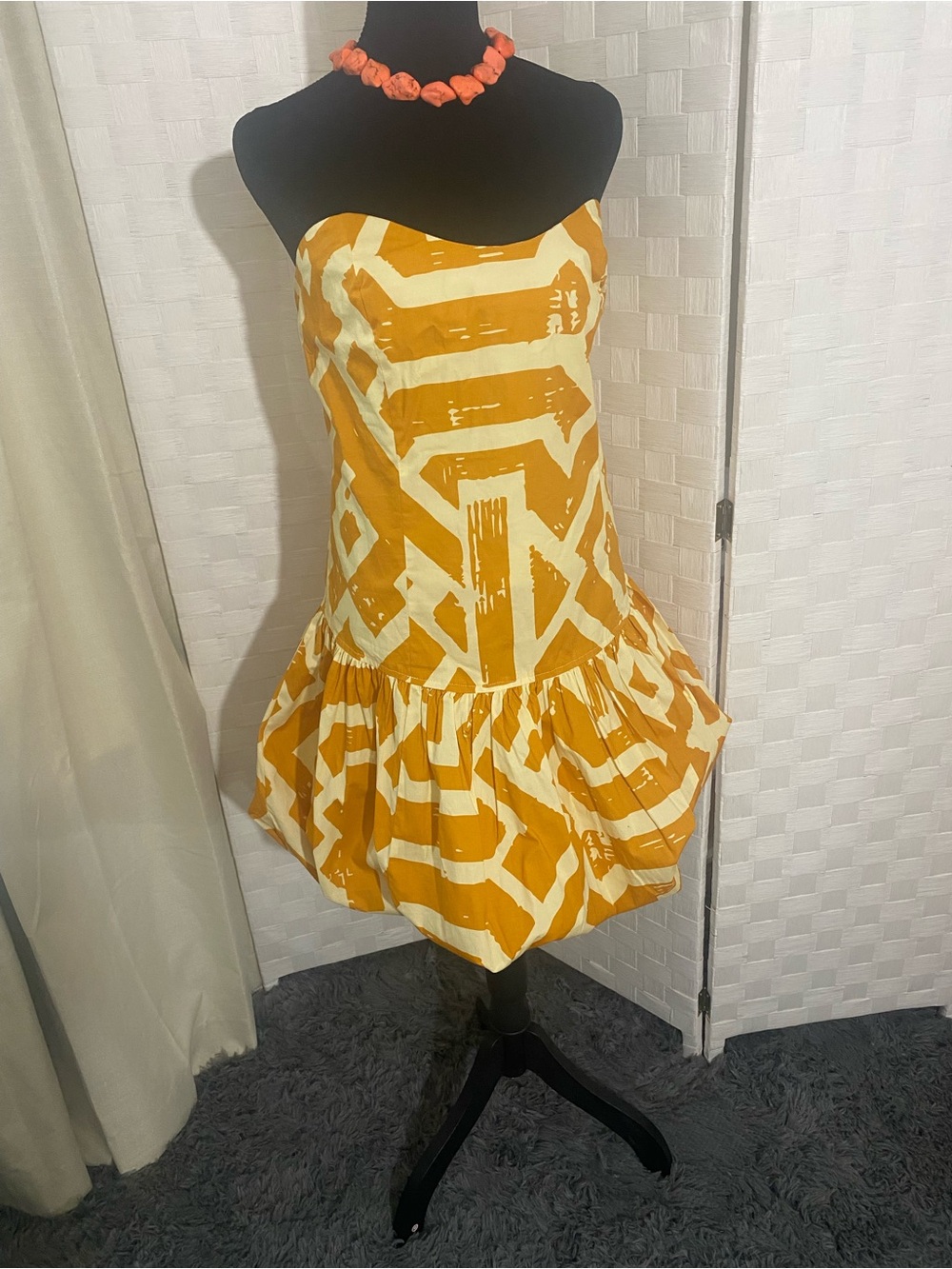 MWT: D’Iyanu Strapless Mustard Geometric Print Bubble Hem Mini Dress